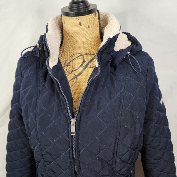 LAUNDRY by SHELLI SEGAL Size Medium Navy Blue Quilted Removable Hood Winter Coat - Picture 6 of 9